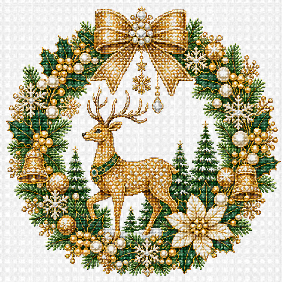 Golden Reindeer - Full 14CT Stamped Cross Stitch 40x40CM - Huacan