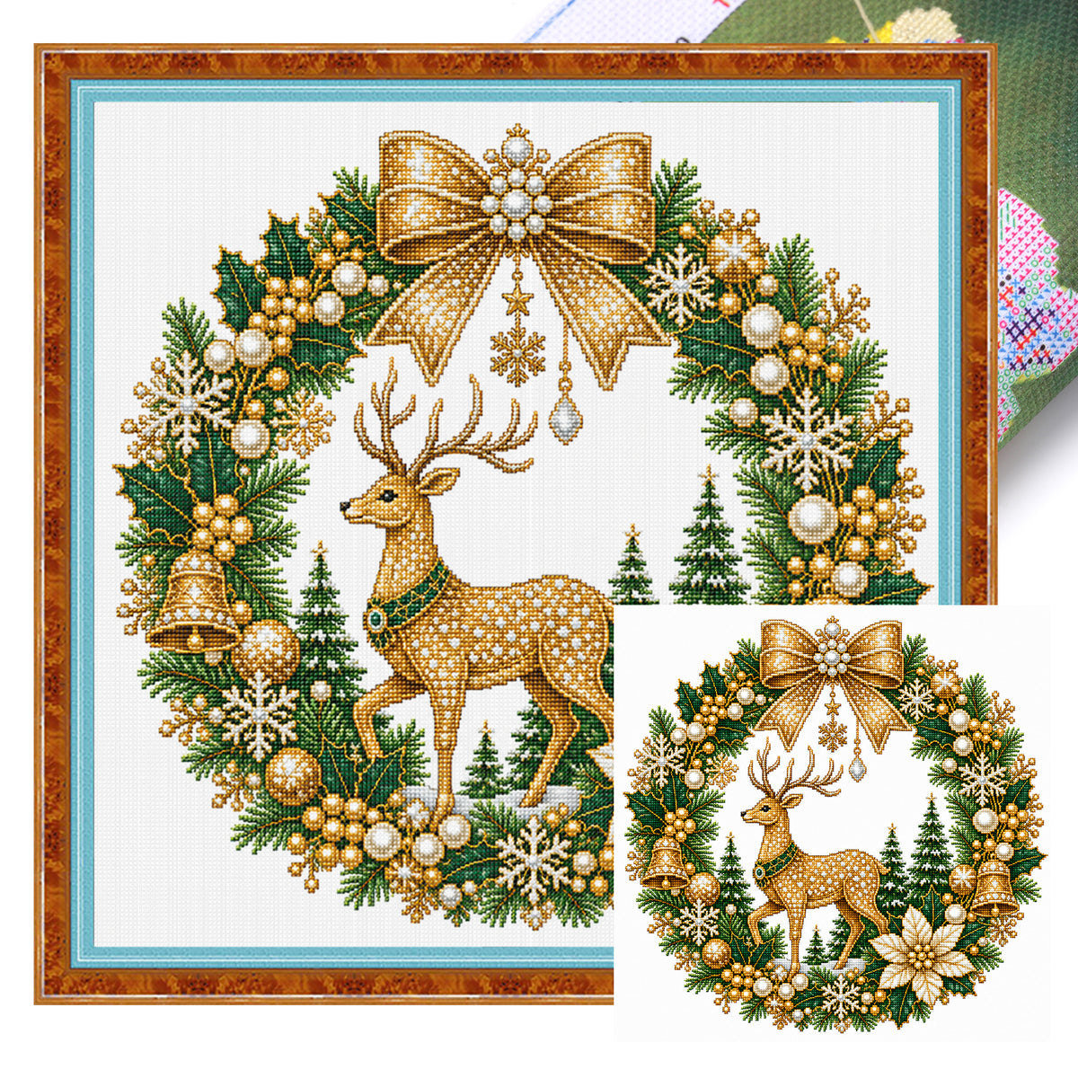 Golden Reindeer - Full 14CT Stamped Cross Stitch 40x40CM - Huacan