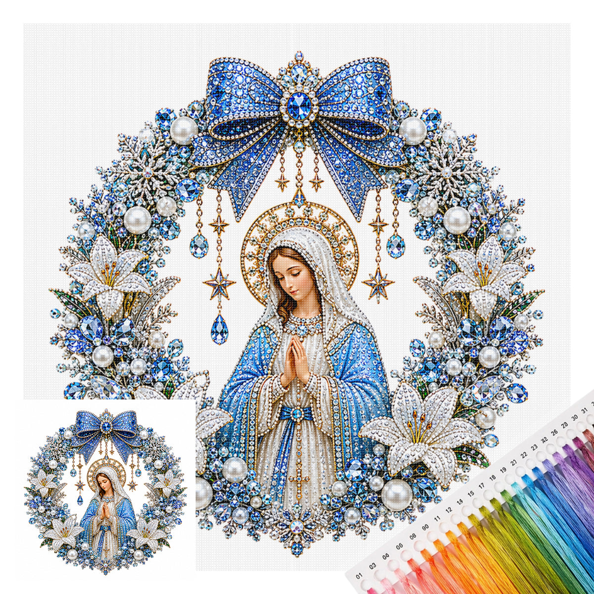 Blue Wreath Virgin Mary - Full 14CT Stamped Cross Stitch 40x40CM - Huacan