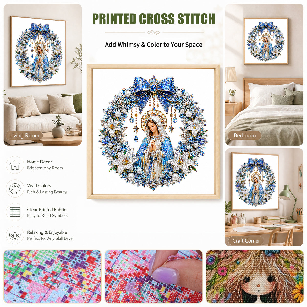 Blue Wreath Virgin Mary - Full 14CT Stamped Cross Stitch 40x40CM - Huacan
