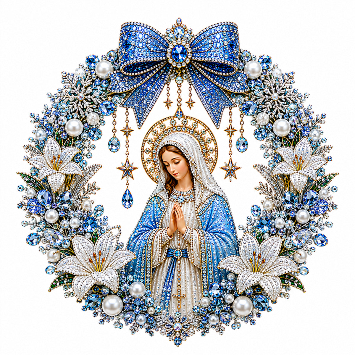 Blue Wreath Virgin Mary - Full 14CT Stamped Cross Stitch 40x40CM - Huacan
