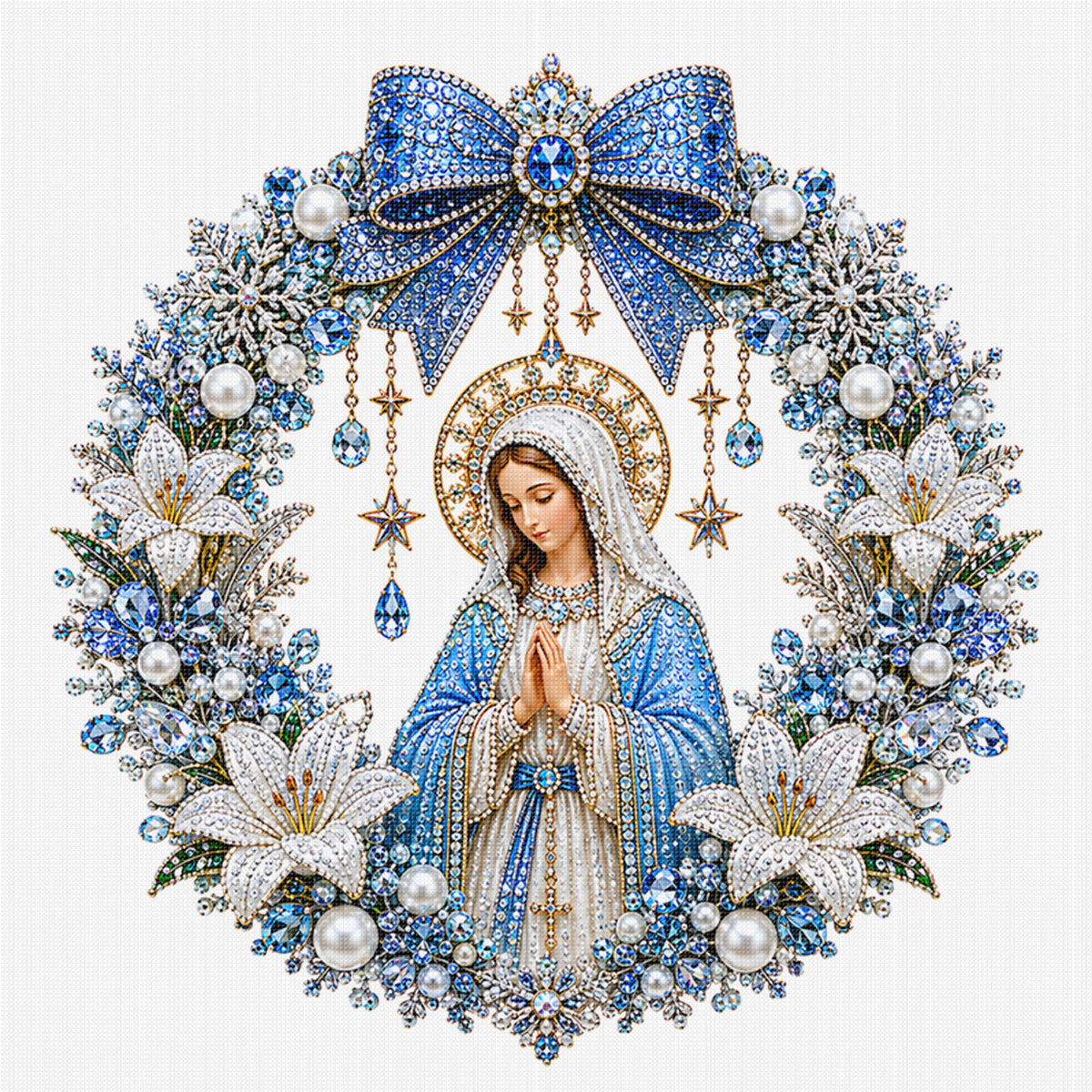 Blue Wreath Virgin Mary - Full 14CT Stamped Cross Stitch 40x40CM - Huacan
