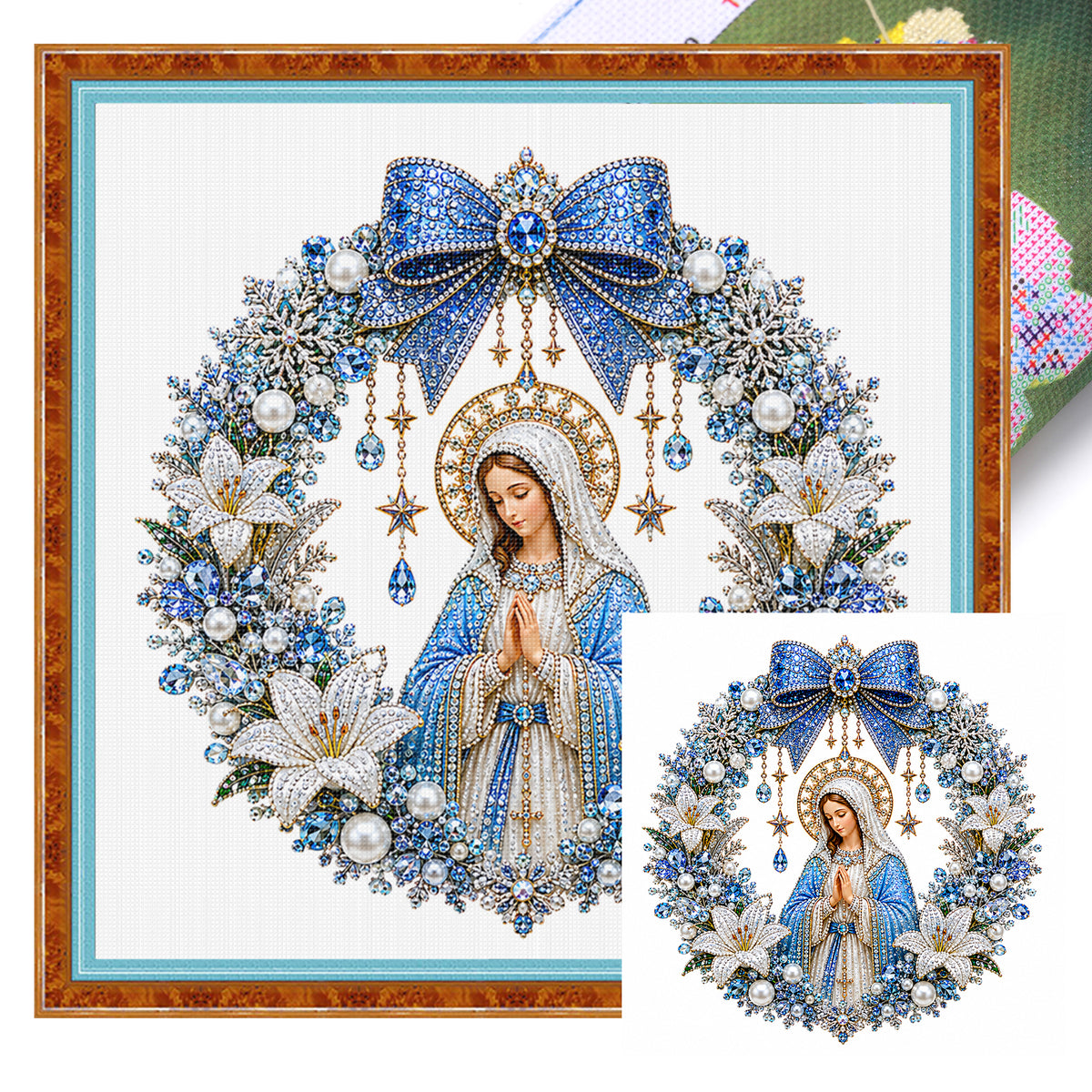Blue Wreath Virgin Mary - Full 14CT Stamped Cross Stitch 40x40CM - Huacan