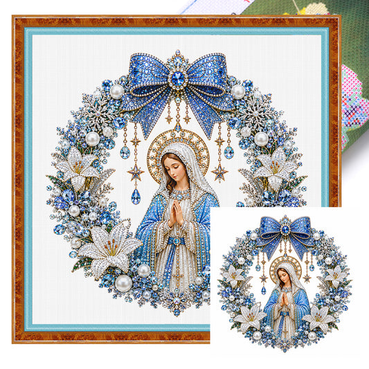 Jungfrau Maria mit blauem Kranz – Vollständiges 14CT gestempeltes Kreuzstich-Set 40x40CM – Huacan