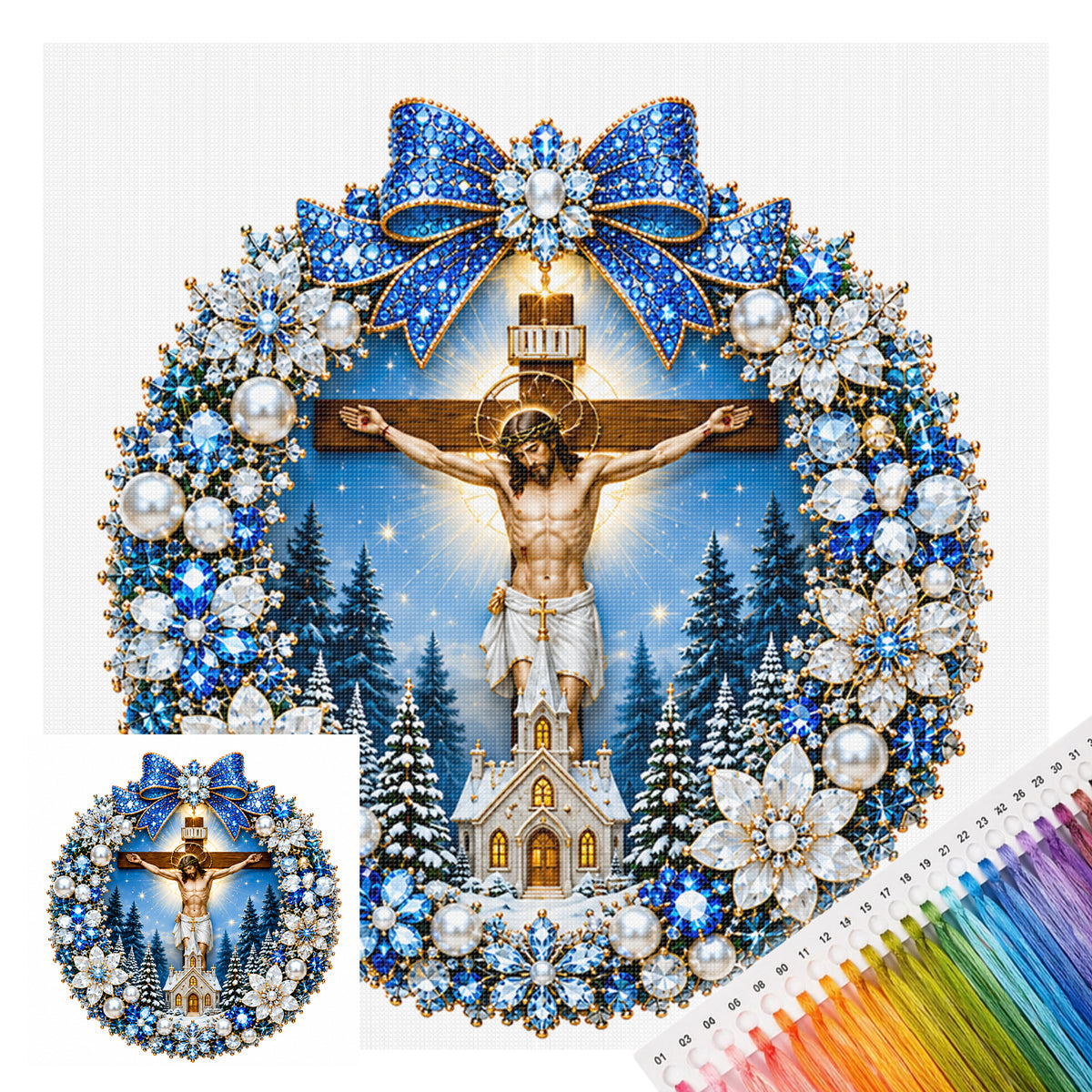 Blue Wreath Cross - Full 14CT Stamped Cross Stitch 40x40CM - Huacan
