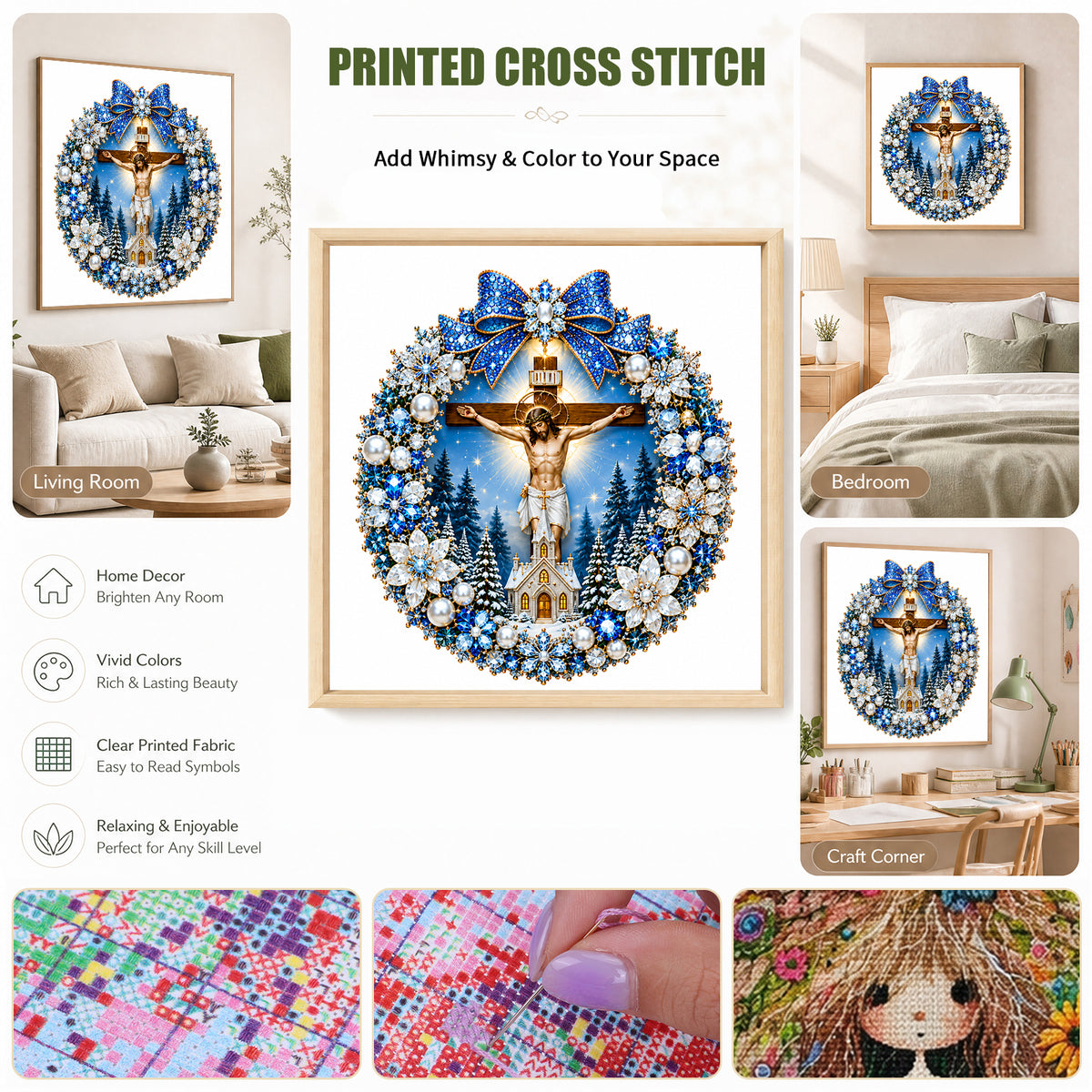 Blue Wreath Cross - Full 14CT Stamped Cross Stitch 40x40CM - Huacan