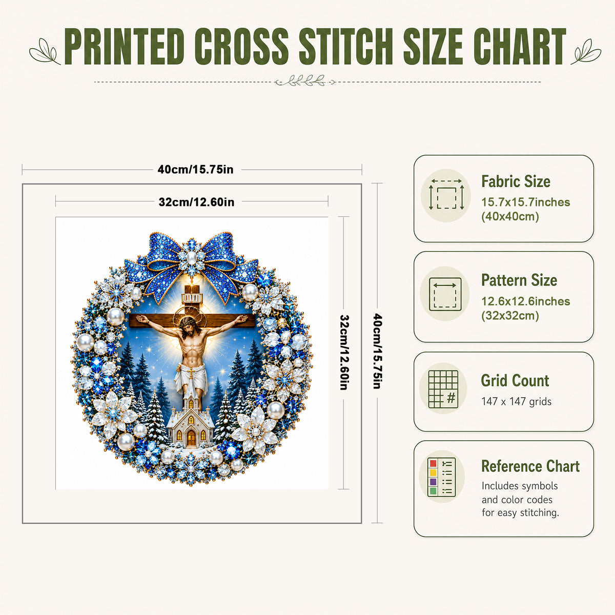 Blue Wreath Cross - Full 14CT Stamped Cross Stitch 40x40CM - Huacan