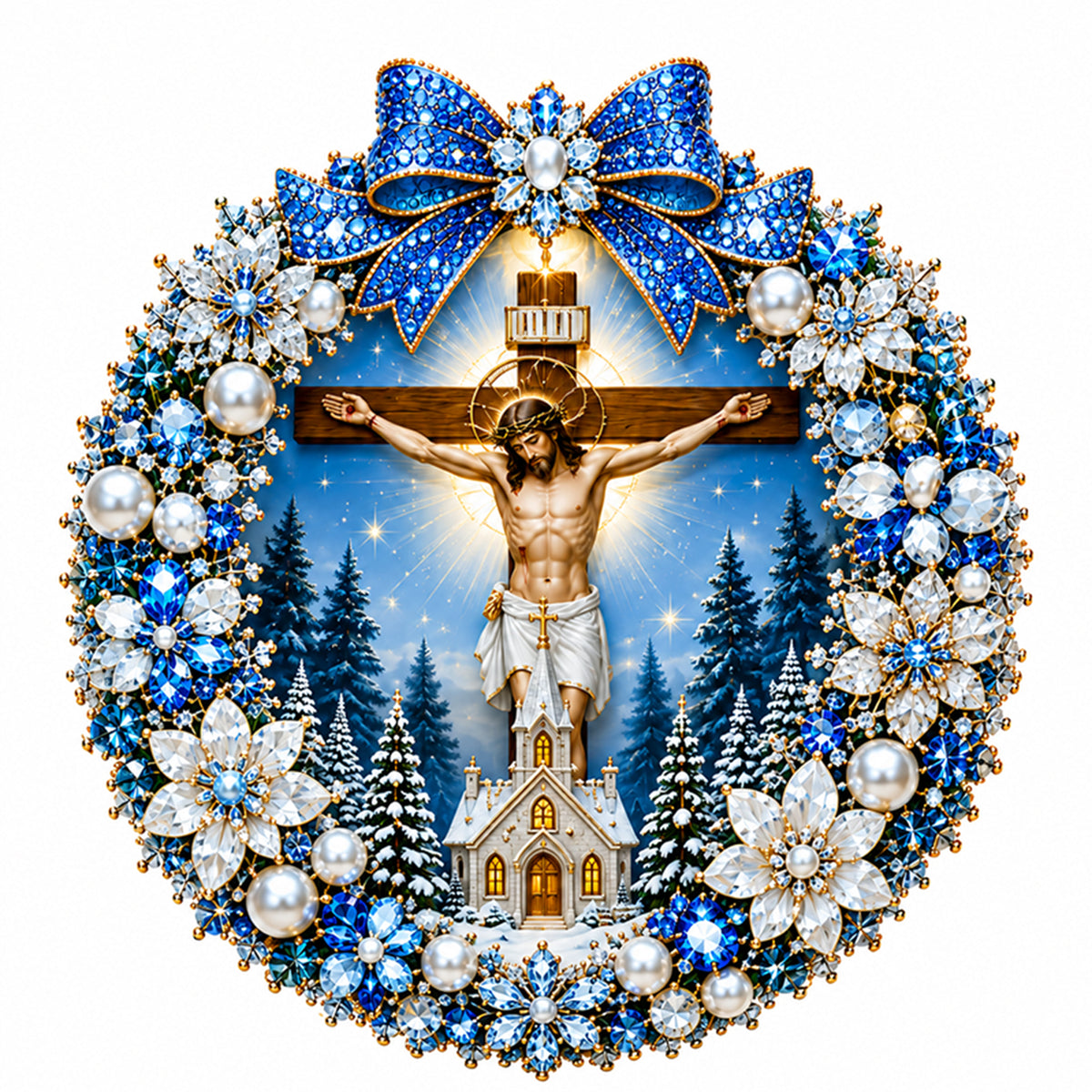 Blue Wreath Cross - Full 14CT Stamped Cross Stitch 40x40CM - Huacan
