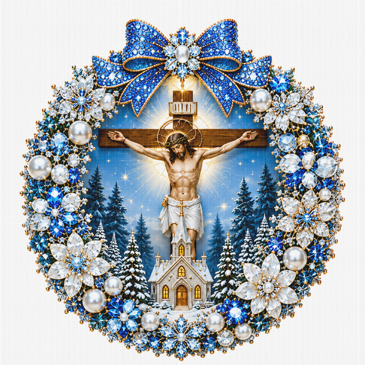 Blue Wreath Cross - Full 14CT Stamped Cross Stitch 40x40CM - Huacan