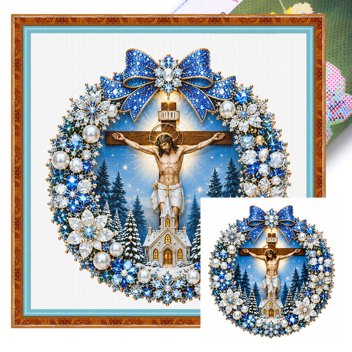 Blue Wreath Cross - Full 14CT Stamped Cross Stitch 40x40CM - Huacan