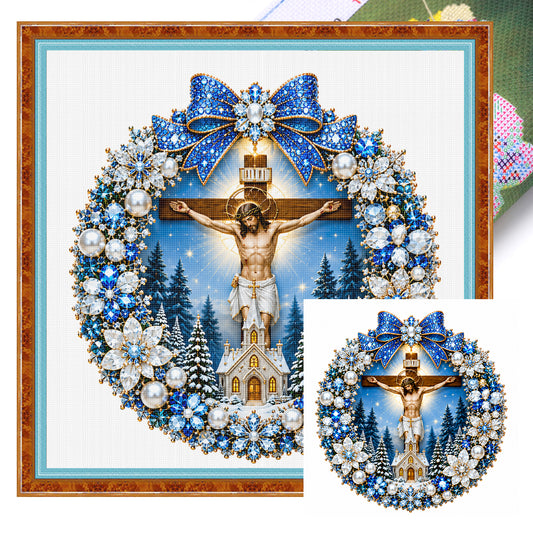 Blauer Kranz Kreuz - Vollständiges 14CT gestempeltes Kreuzstich-Set 40x40CM - Huacan