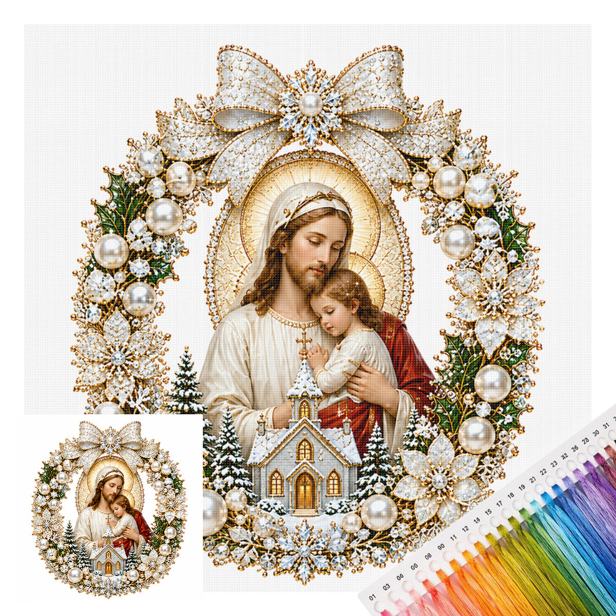 Goldener Kranz Madonna mit Kind – Vollständiges 14CT gestempeltes Kreuzstich-Set 40x40CM – Huacan