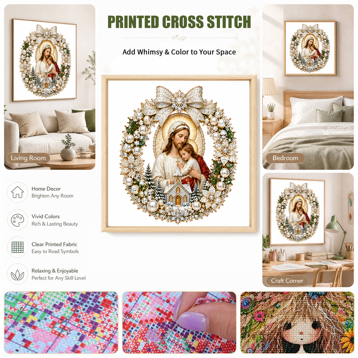 Goldener Kranz Madonna mit Kind – Vollständiges 14CT gestempeltes Kreuzstich-Set 40x40CM – Huacan