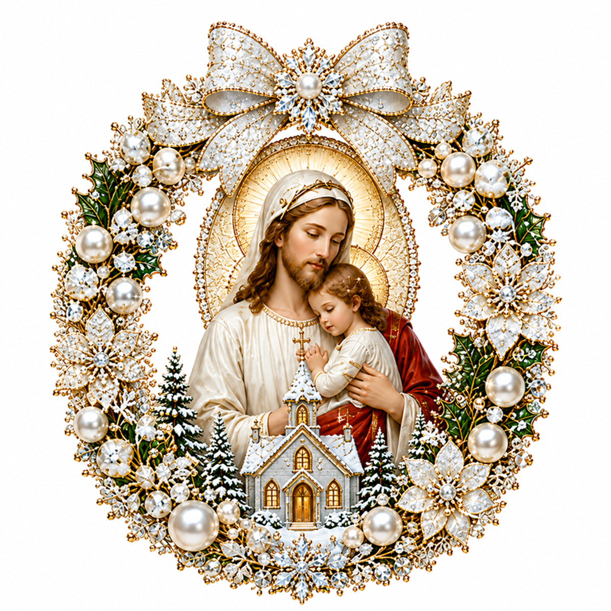 Goldener Kranz Madonna mit Kind – Vollständiges 14CT gestempeltes Kreuzstich-Set 40x40CM – Huacan