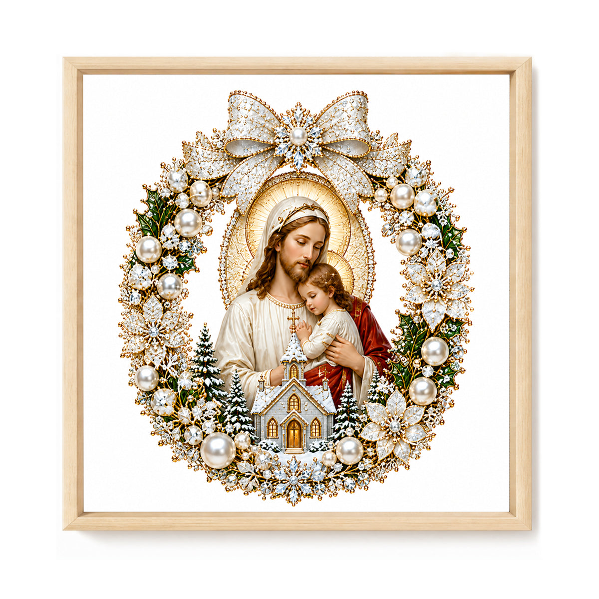 Goldener Kranz Madonna mit Kind – Vollständiges 14CT gestempeltes Kreuzstich-Set 40x40CM – Huacan