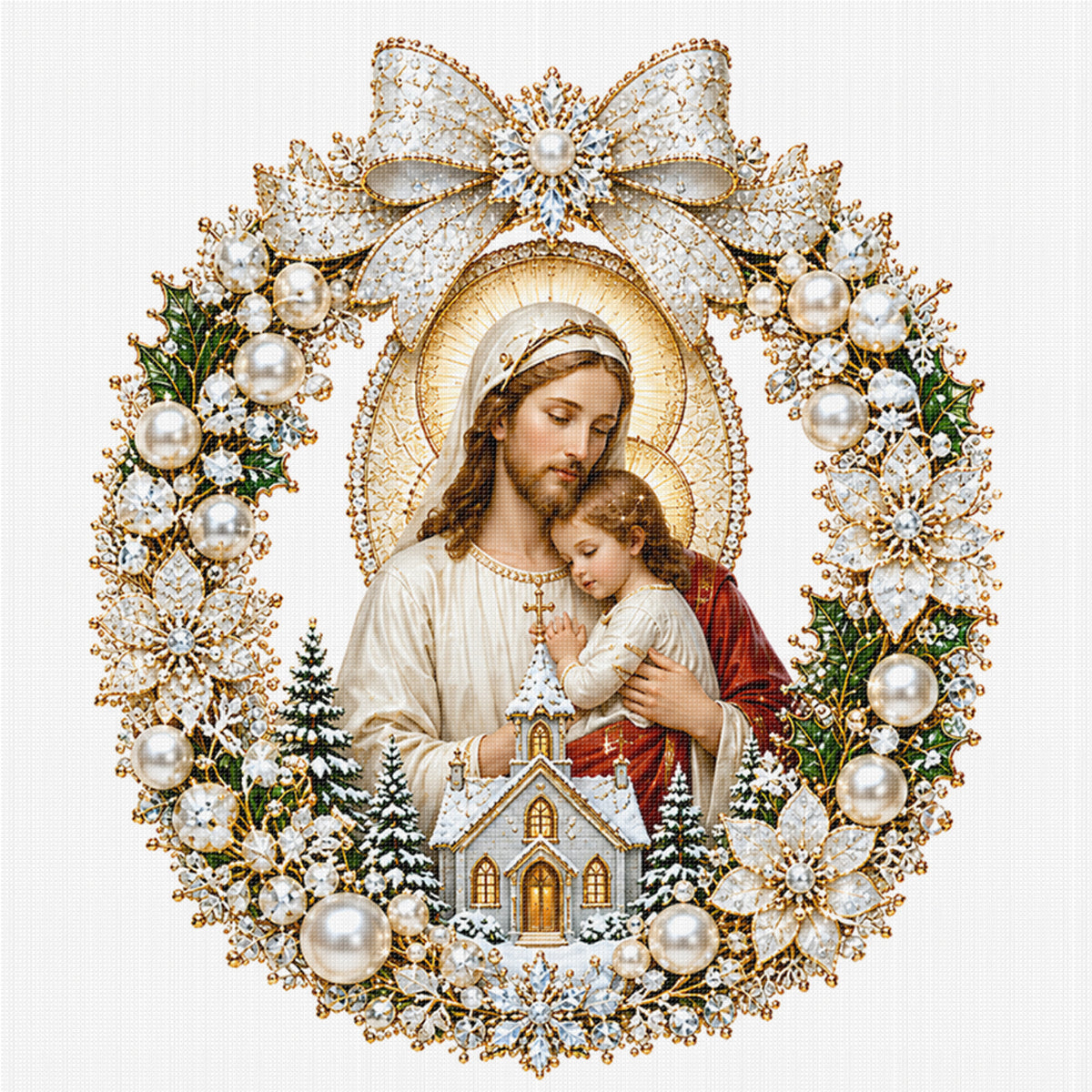 Goldener Kranz Madonna mit Kind – Vollständiges 14CT gestempeltes Kreuzstich-Set 40x40CM – Huacan