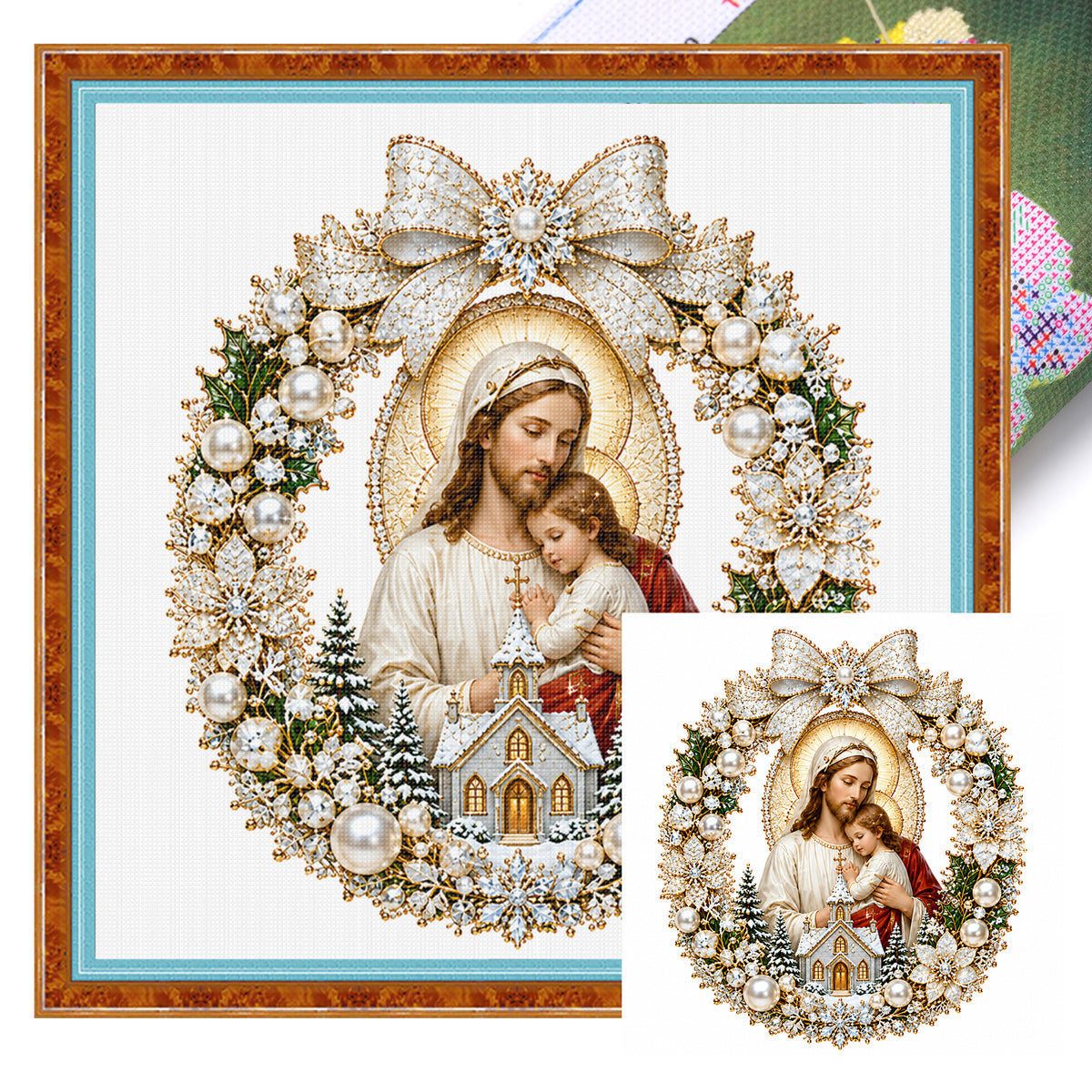 Goldener Kranz Madonna mit Kind – Vollständiges 14CT gestempeltes Kreuzstich-Set 40x40CM – Huacan
