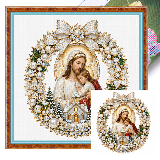 Goldener Kranz Madonna mit Kind – Vollständiges 14CT gestempeltes Kreuzstich-Set 40x40CM – Huacan