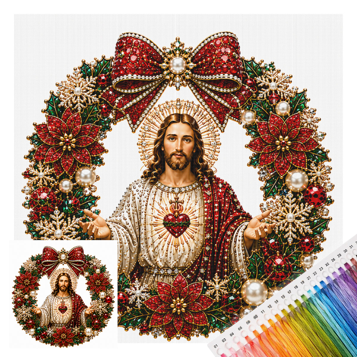 Roter Blumenkranz Heiligstes Herz Jesu - Vollständiger 14CT Stempel-Kreuzstich 40x40CM - Huacan