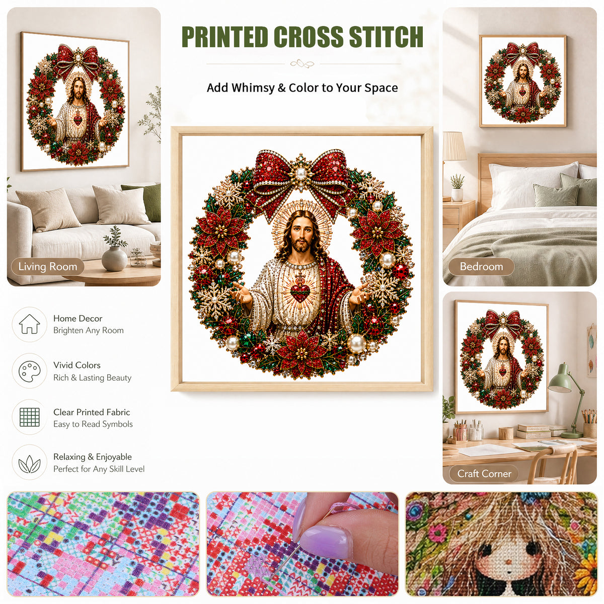 Roter Blumenkranz Heiligstes Herz Jesu - Vollständiger 14CT Stempel-Kreuzstich 40x40CM - Huacan