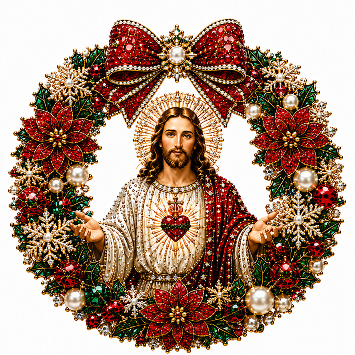 Roter Blumenkranz Heiligstes Herz Jesu - Vollständiger 14CT Stempel-Kreuzstich 40x40CM - Huacan