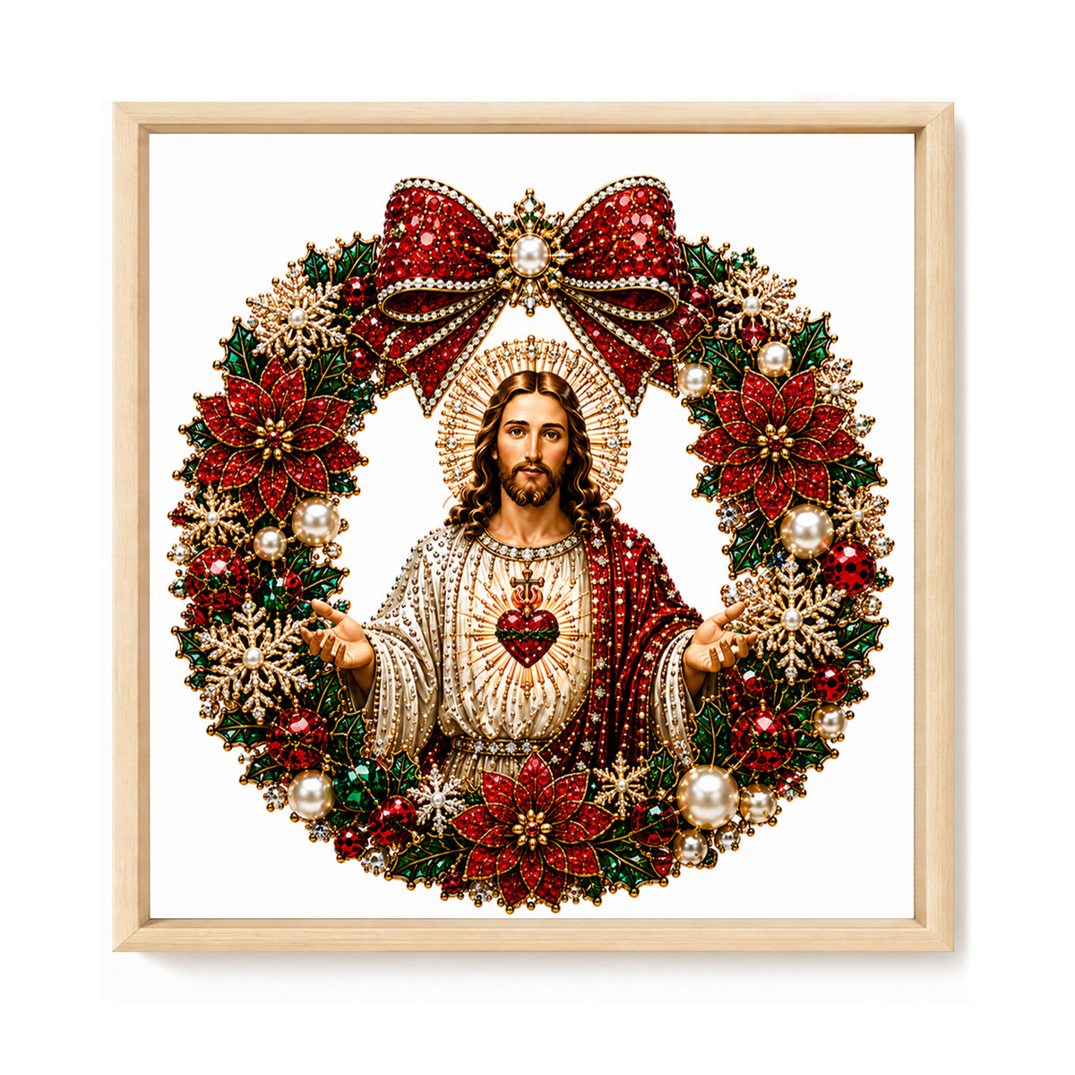Roter Blumenkranz Heiligstes Herz Jesu - Vollständiger 14CT Stempel-Kreuzstich 40x40CM - Huacan