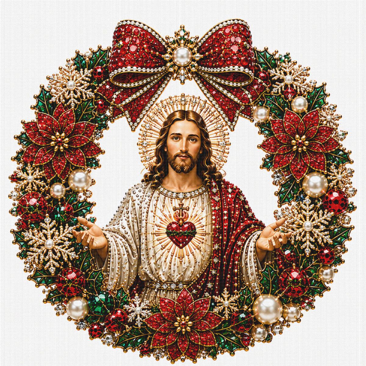 Roter Blumenkranz Heiligstes Herz Jesu - Vollständiger 14CT Stempel-Kreuzstich 40x40CM - Huacan