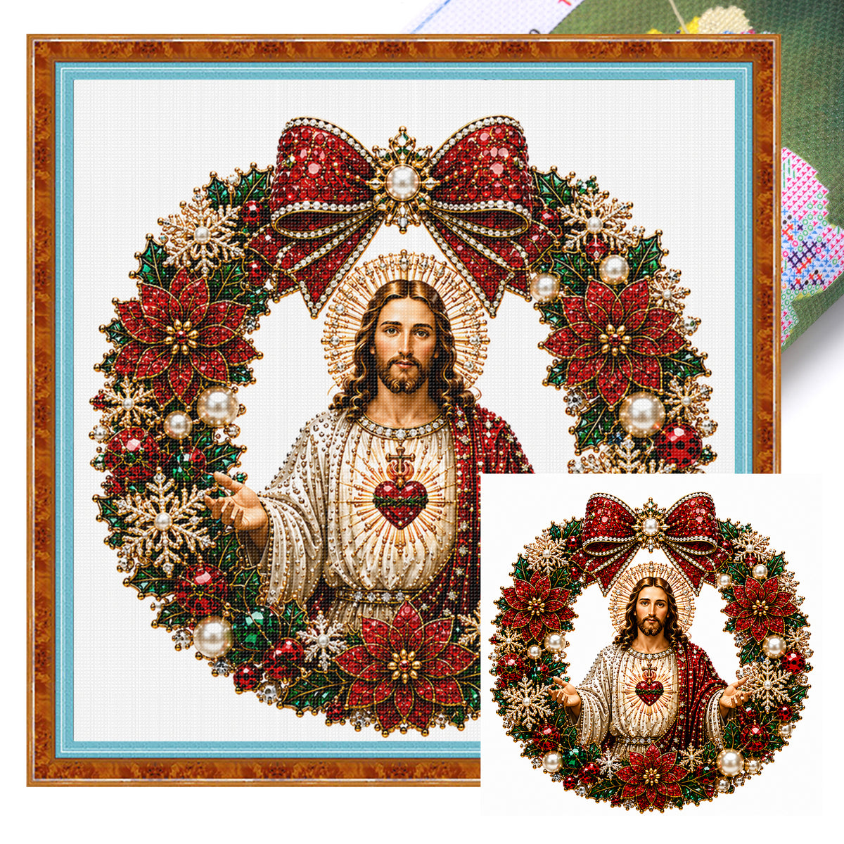 Roter Blumenkranz Heiligstes Herz Jesu - Vollständiger 14CT Stempel-Kreuzstich 40x40CM - Huacan