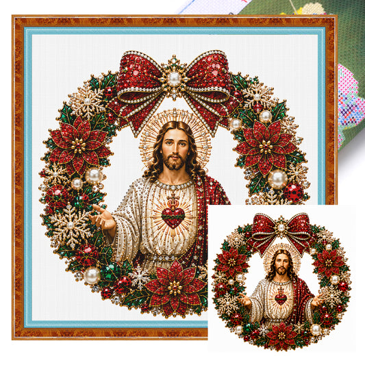 Roter Blumenkranz Heiligstes Herz Jesu - Vollständiger 14CT Stempel-Kreuzstich 40x40CM - Huacan