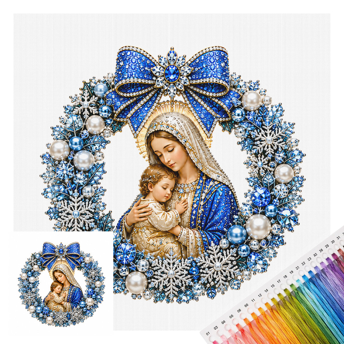 Blue Flower Wreath Madonna And Child - Full 14CT Stamped Cross Stitch 40x40CM - Huacan