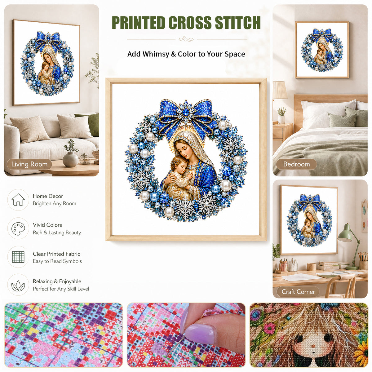 Blue Flower Wreath Madonna And Child - Full 14CT Stamped Cross Stitch 40x40CM - Huacan