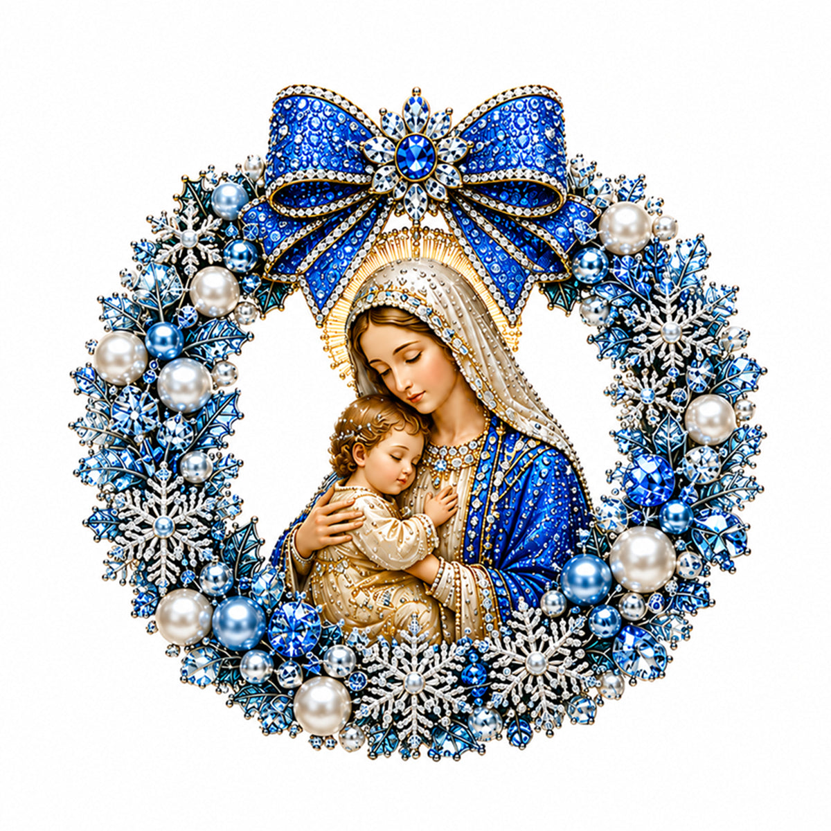 Blue Flower Wreath Madonna And Child - Full 14CT Stamped Cross Stitch 40x40CM - Huacan