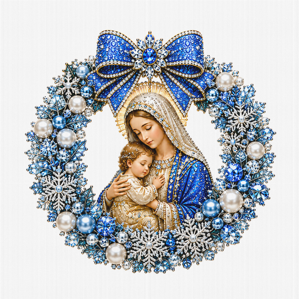 Blue Flower Wreath Madonna And Child - Full 14CT Stamped Cross Stitch 40x40CM - Huacan