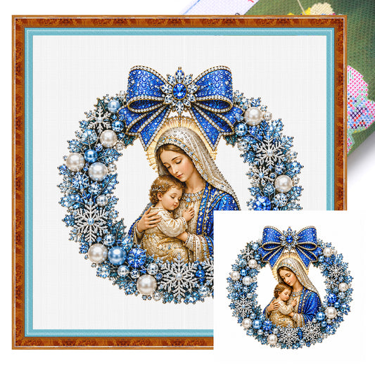 Blaue Blumenkranz Madonna mit Kind - Vollständiges 14CT gestempeltes Kreuzstich-Set 40x40CM - Huacan