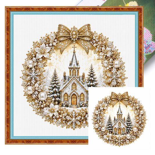 Goldener Kranz Schneeansicht Kirche - Vollständiges 14CT gestempeltes Kreuzstich-Set 40x40CM - Huacan