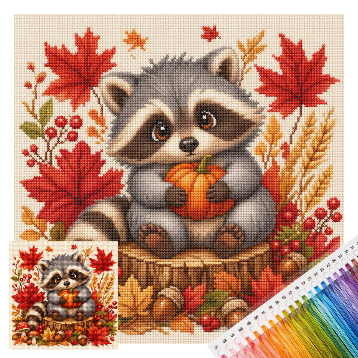 Harvest Raccoon - Full 11CT Stamped Cross Stitch 40x40CM - Yishu