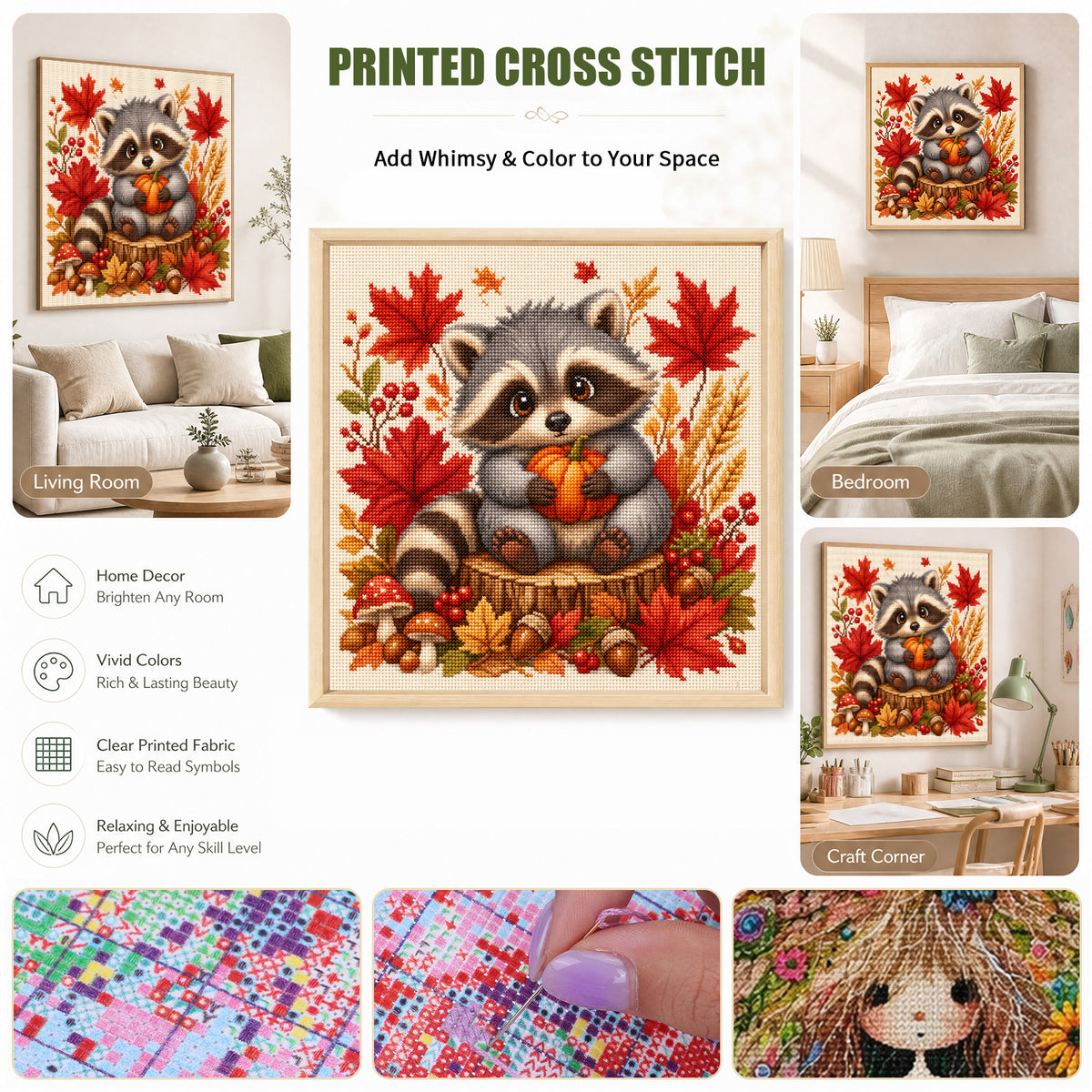 Harvest Raccoon - Full 11CT Stamped Cross Stitch 40x40CM - Yishu