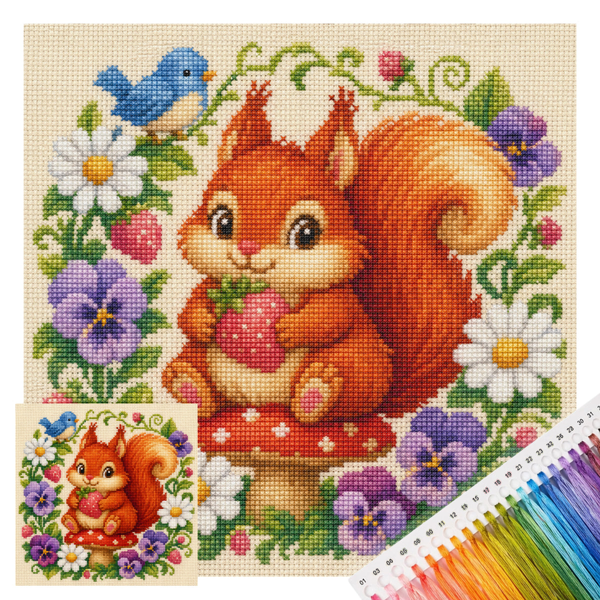 Berry Squirrel - Full 11CT Stamped Cross Stitch 40x40CM - Yishu