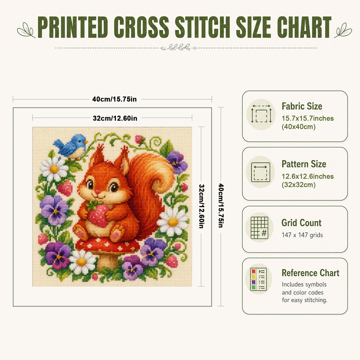 Berry Squirrel - Full 11CT Stamped Cross Stitch 40x40CM - Yishu