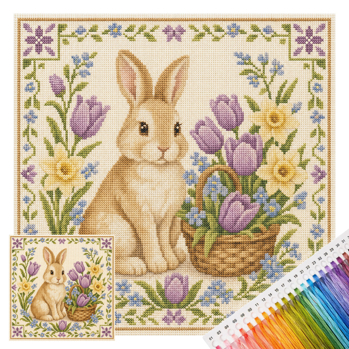 Basket Rabbit - Full 11CT Stamped Cross Stitch 45x45CM - Yishu