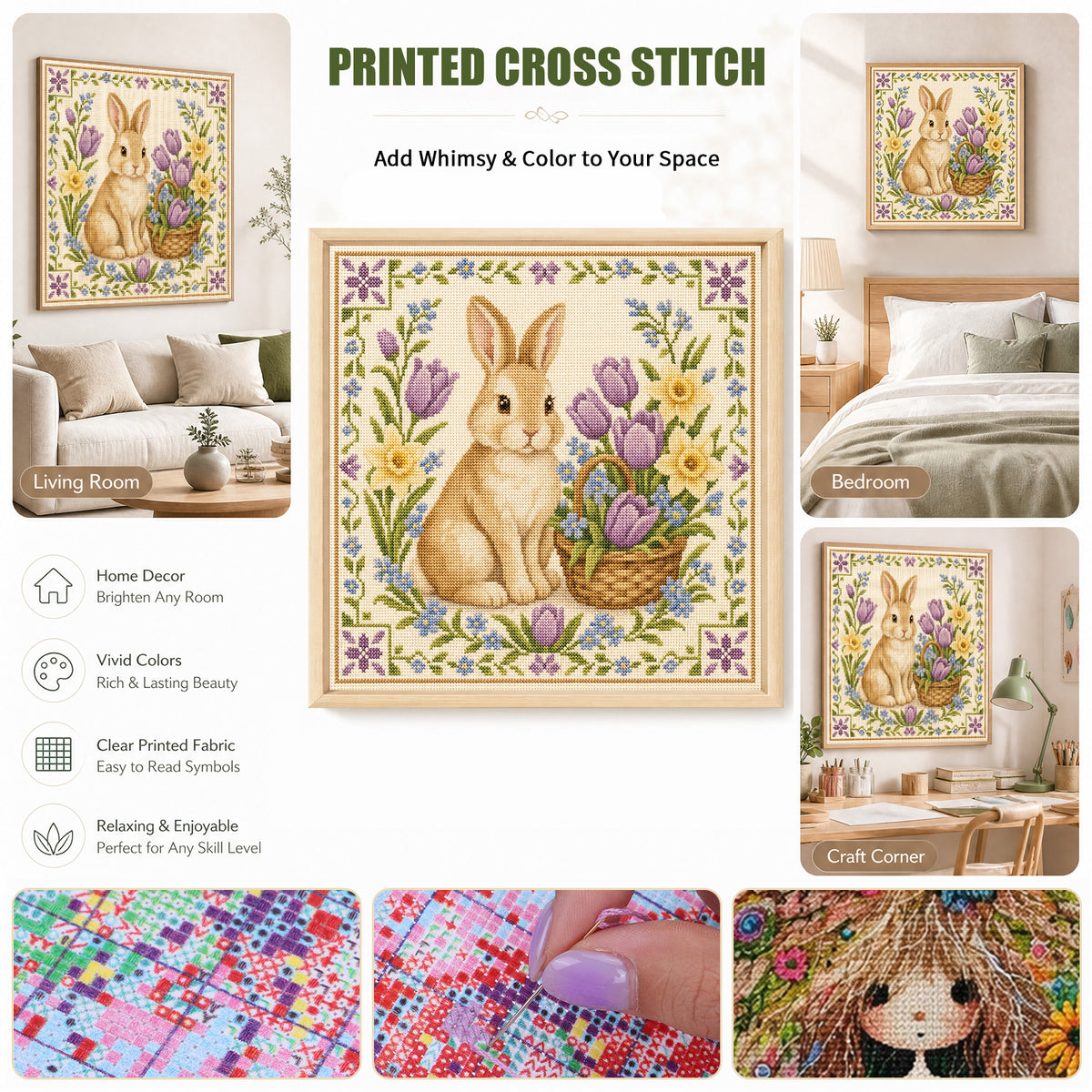 Basket Rabbit - Full 11CT Stamped Cross Stitch 45x45CM - Yishu