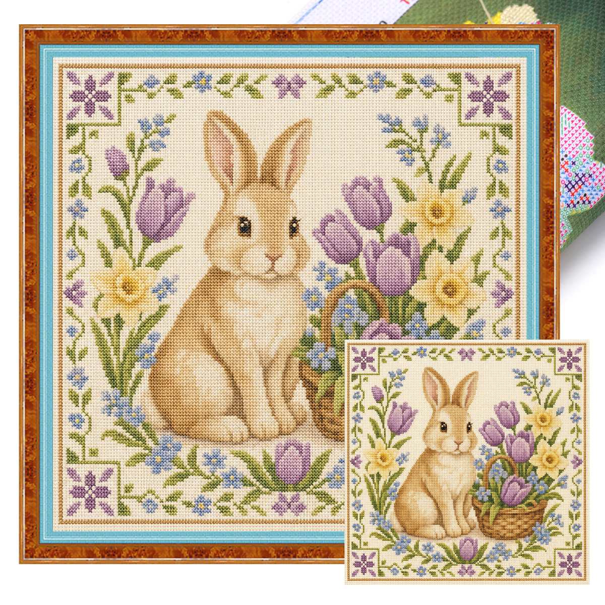 Basket Rabbit - Full 11CT Stamped Cross Stitch 45x45CM - Yishu