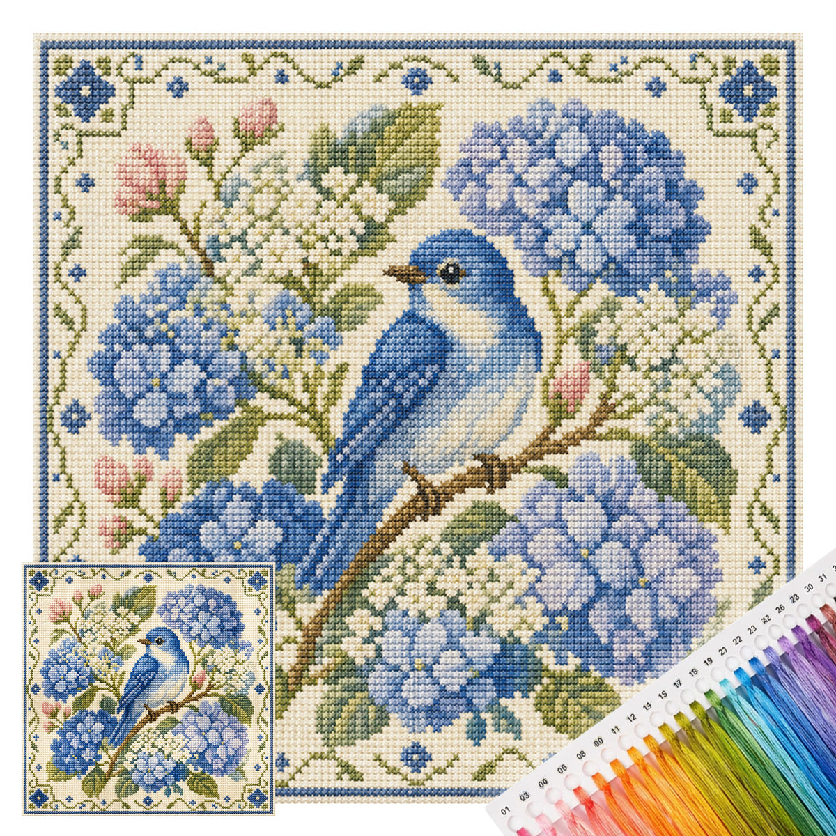 Hortensien-Vogel - Vollständiges 11CT Stempel-Kreuzstich-Set 45x45CM - Yishu