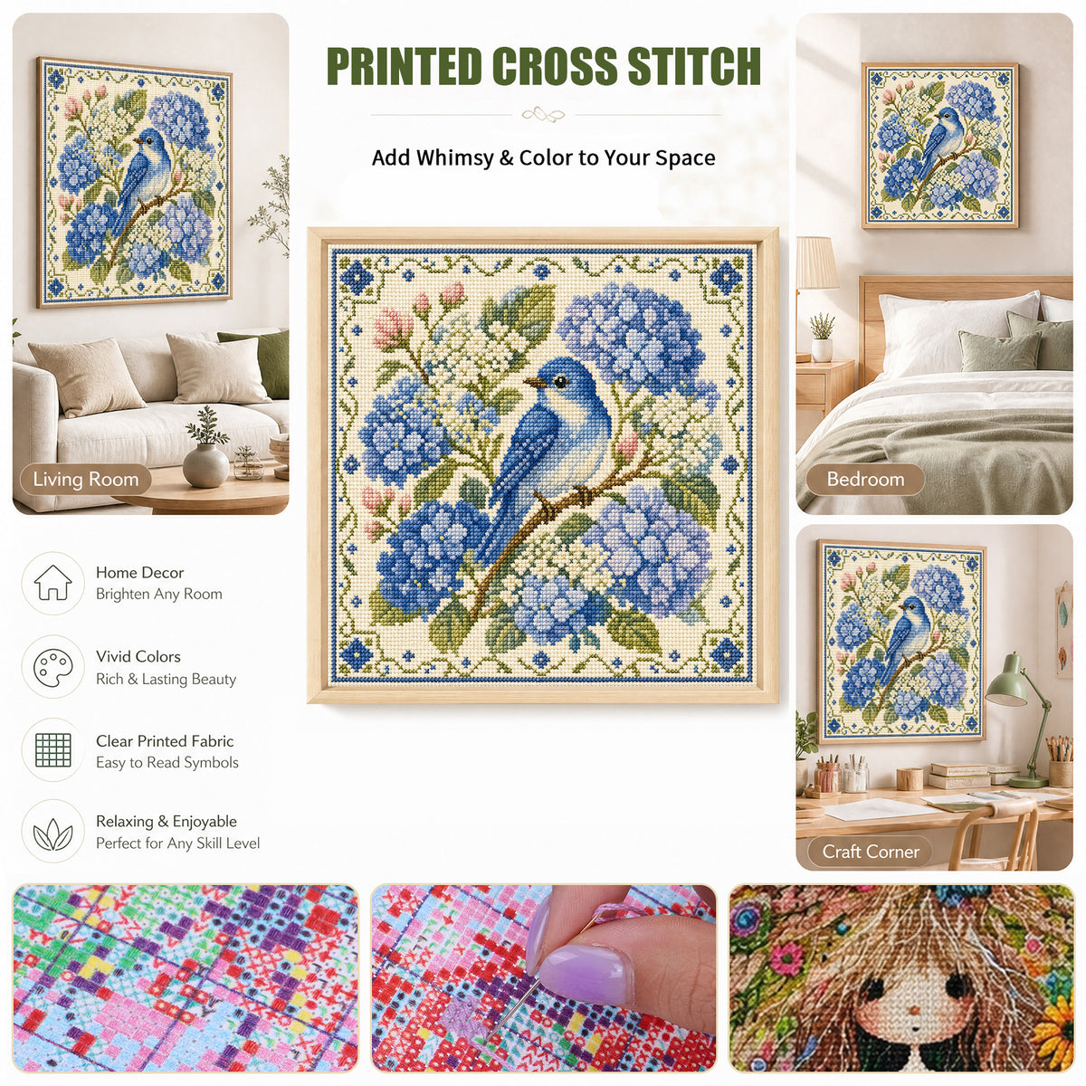 Hortensien-Vogel - Vollständiges 11CT Stempel-Kreuzstich-Set 45x45CM - Yishu