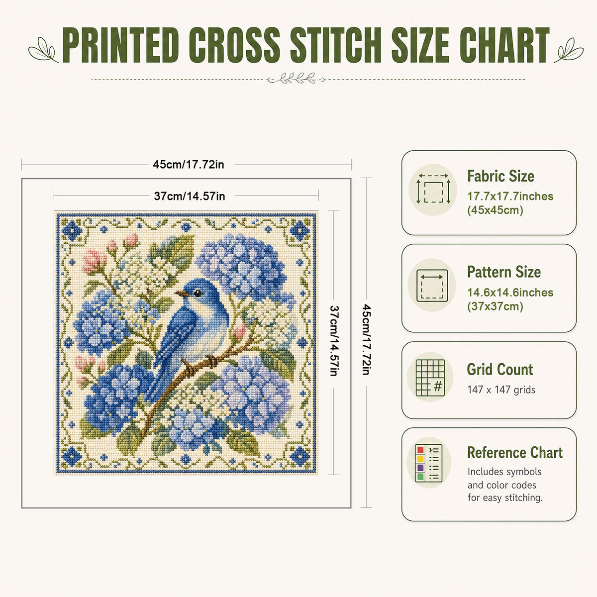 Hortensien-Vogel - Vollständiges 11CT Stempel-Kreuzstich-Set 45x45CM - Yishu