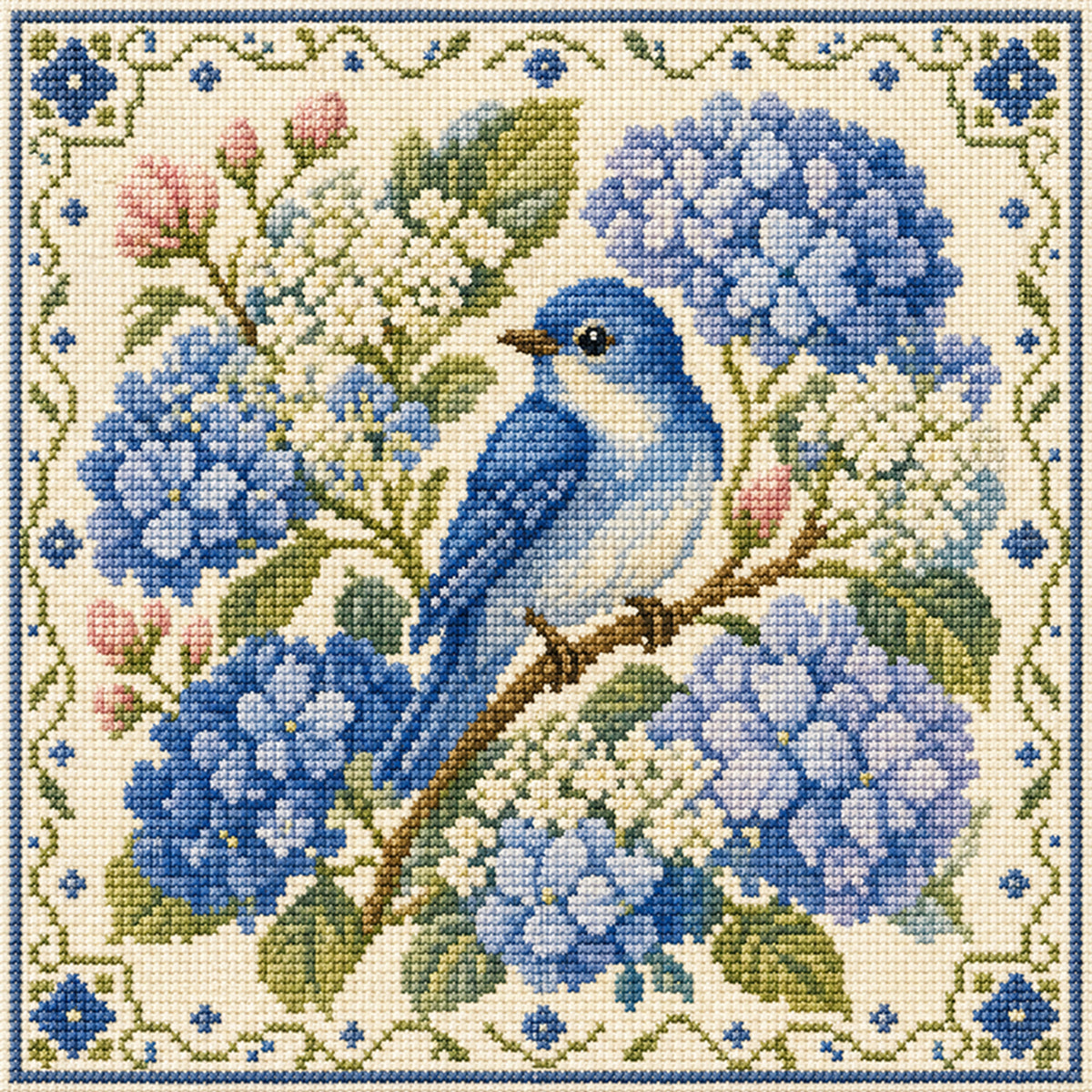 Hortensien-Vogel - Vollständiges 11CT Stempel-Kreuzstich-Set 45x45CM - Yishu