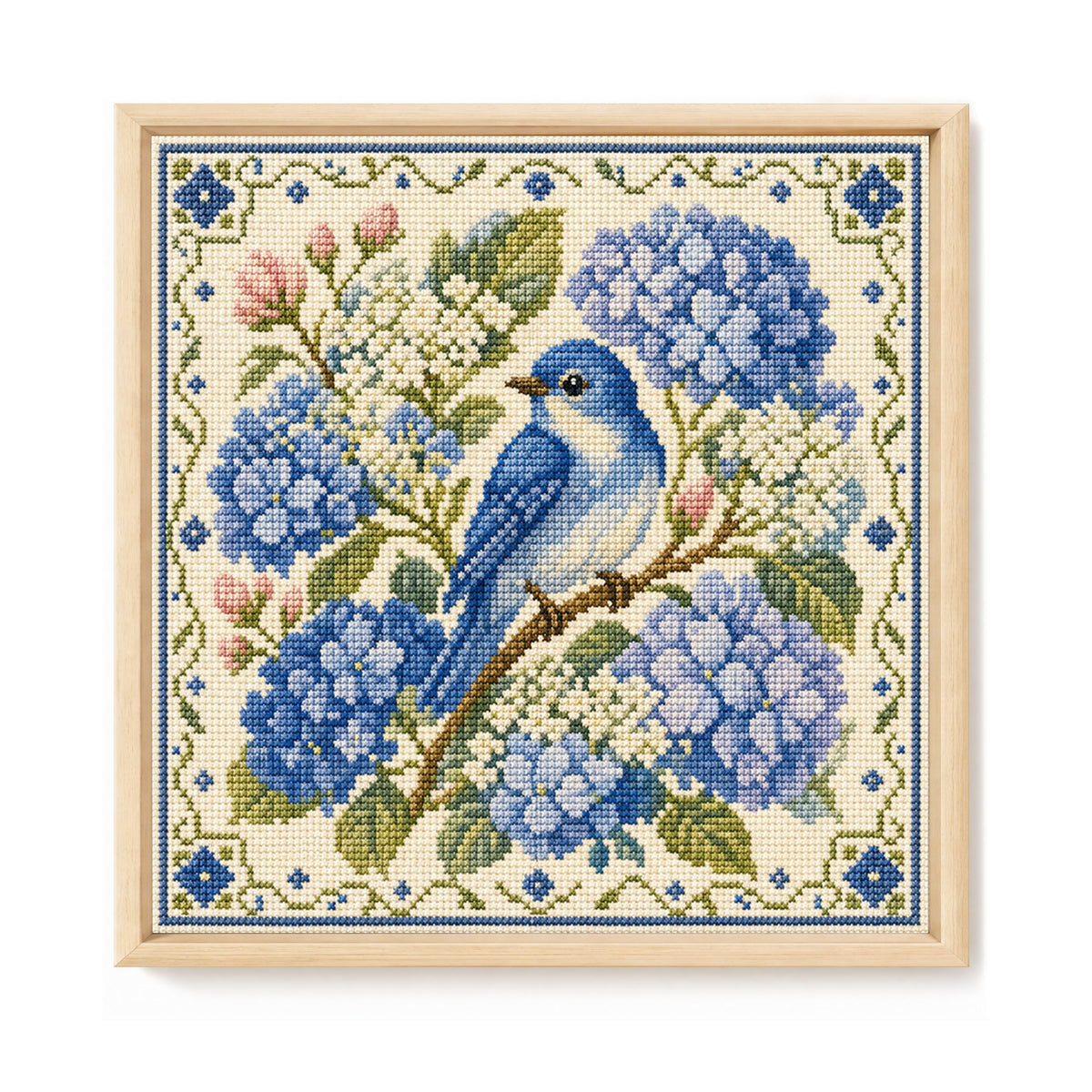 Hortensien-Vogel - Vollständiges 11CT Stempel-Kreuzstich-Set 45x45CM - Yishu