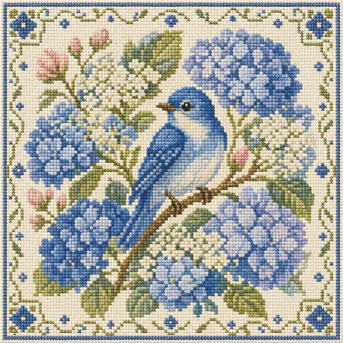 Hortensien-Vogel - Vollständiges 11CT Stempel-Kreuzstich-Set 45x45CM - Yishu