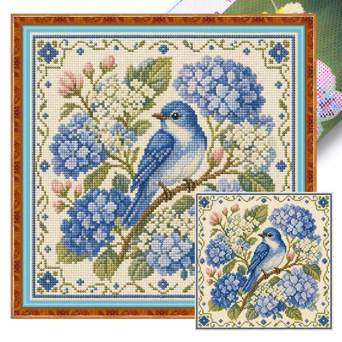 Hortensien-Vogel - Vollständiges 11CT Stempel-Kreuzstich-Set 45x45CM - Yishu