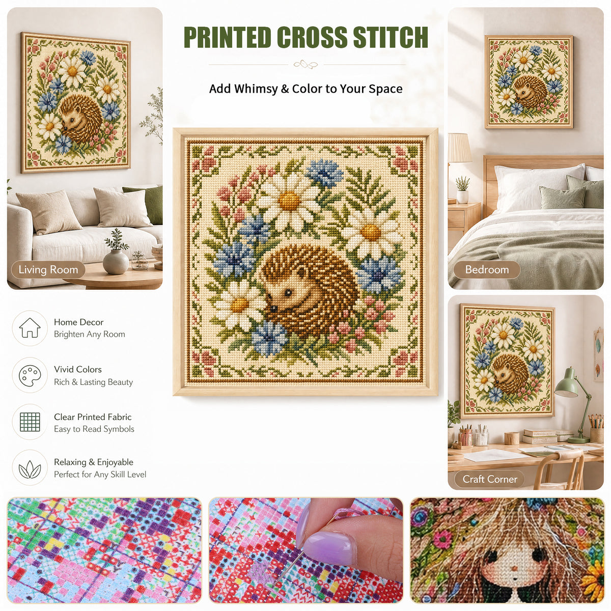 Blossom Hedgehog - Full 11CT Stamped Cross Stitch 45x45CM - Yishu